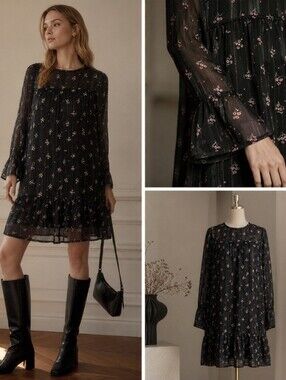 Sabina Musayev Black Floral Chiffon Mini Dress Size M Romantic Sheer Ruffle